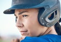Baseball, face and a person with a helmet outdoor on pitch for sports performance or competition. Professional athlete Royalty Free Stock Photo