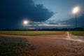 Baseball field at dusk with floodlights Royalty Free Stock Photo