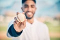 Baseball field, portrait and pitcher holding ball on match or game day on a sports ground or pitch feeling happy. Sport