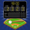 Baseball field with scoreboard, numbers, bat, ball Royalty Free Stock Photo