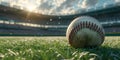 Baseball on field with sun setting over stadium. close-up of a ball on grass. sports theme, match day energy. AI Royalty Free Stock Photo
