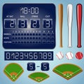 Baseball fields with scoreboard, numbers, bats, balls Royalty Free Stock Photo