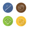 Baseball flat linear long shadow icons set