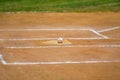 Baseball game, baseball ball sitting on the home plate, base, during the ball game Royalty Free Stock Photo