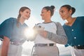 Baseball girl team and coach with notebook for game strategy, check progress and goal motivation. Happy sports women or Royalty Free Stock Photo