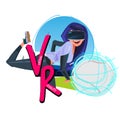 Baseball girl trowing ball with Virtual Reality headset. Virtua