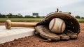 Baseball glove with ball and bat on home plate Royalty Free Stock Photo