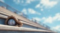 Baseball Glove and Ball on Bleacher Steps with Soft Blue Sky Background Royalty Free Stock Photo