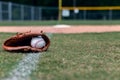 Baseball glove on foul line background Royalty Free Stock Photo