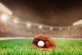 Outdoor Baseball Stadium With Glove and Ball, and Copy Space Royalty Free Stock Photo