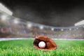 Outdoor Baseball Stadium With Glove and Ball, and Copy Space Royalty Free Stock Photo