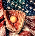 Baseball Glove and Ball on Red White and Blue American Flag Background--hand manipulated. Intentionally grainy, distorted Royalty Free Stock Photo