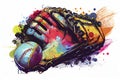 Baseball glove with ball from a splash of watercolor, hand drawn sketch Royalty Free Stock Photo