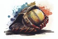 Baseball glove with ball from a splash of watercolor, hand drawn sketch Royalty Free Stock Photo