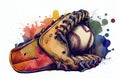 Baseball glove with ball from a splash of watercolor, hand drawn sketch Royalty Free Stock Photo