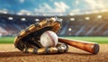 Baseball Glove with Bat and Ball on a Baseball Field - Generative Ai Royalty Free Stock Photo