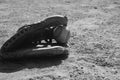 Baseball in glove on field in black and white Royalty Free Stock Photo