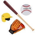 Baseball glove, helmet, bat and ball vector flat illustration Royalty Free Stock Photo