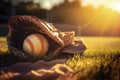 Baseball in glove in the lawn at sunset in the evening day with sun ray and lens flare light Royalty Free Stock Photo