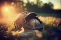 Baseball in glove in the lawn at sunset in the evening day with sun ray and lens flare light Royalty Free Stock Photo