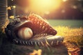 Baseball in glove in the lawn at sunset in the evening day with sun ray and lens flare light Royalty Free Stock Photo