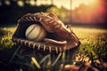 Baseball in glove in the lawn at sunset in the evening day with sun ray and lens flare light Royalty Free Stock Photo