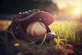 Baseball in glove in the lawn at sunset in the evening day with sun ray and lens flare light Royalty Free Stock Photo