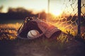 Baseball in glove in the lawn at sunset in the evening day with sun ray and lens flare light Royalty Free Stock Photo