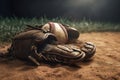 Baseball in glove laying on pitcher\'s mound of ball field. AI generated Royalty Free Stock Photo