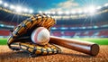 Baseball Glove with Wooden Bat and Ball on a Baseball Field - Generative Ai Royalty Free Stock Photo