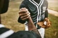 Baseball, handshake and men shaking hands to welcome, thank you or respect before a sports game or match start. Teamwork Royalty Free Stock Photo