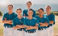 Baseball, happy and women team with arms crossed on a sport field after practice or a game. Teamwork, collaboration and Royalty Free Stock Photo