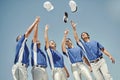 Baseball, hats and team in celebration at a game, solidarity for sports and support for partnership. Group of athlete