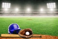 Baseball Helmet, Bat, Glove and Ball on Field in Outdoor Stadium With Copy Space Royalty Free Stock Photo