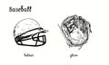 Baseball helmet and glove. Ink black and white doodle drawing Royalty Free Stock Photo