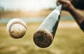 Baseball hit, sports and athlete on a outdoor field hitting a ball in a game with a baseball bat. Sport, baseball player Royalty Free Stock Photo