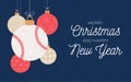 Baseball holiday banner. Merry Christmas and Happy New Year flat cartoon Sports greeting card. Baseball ball as a Christmas ball Royalty Free Stock Photo