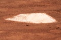 A baseball home plate is surrounded by dirt