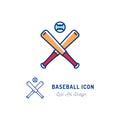 Baseball icon. Two crossed baseball bats and ball thin line art colorful icons. Vector flat design Royalty Free Stock Photo