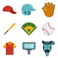 Baseball icons set, flat style