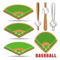 Baseball isometric fields, leather ball and wooden bats