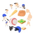 Baseball items icons set, cartoon style