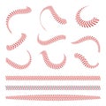 Baseball laces set. Baseball stitches with red threads. Sports graphic elements and seamless brushes Royalty Free Stock Photo