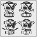 Baseball, lacrosse, cricket and hockey logos and labels. Sport club emblems with shark. Print design for t-shirt. Royalty Free Stock Photo