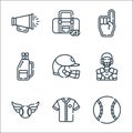 baseball line icons. linear set. quality vector line set such as baseball ball, baseball jersey, ball, catcher, helmet, bag, foam