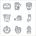 baseball line icons. linear set. quality vector line set such as water, foam hand, cap, socks, baseball bag, beer, stopwatch,