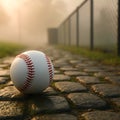 Baseball lying on cobblestone path near baseball field at sunrise Royalty Free Stock Photo