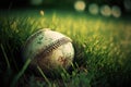 Baseball lying on grass of stadium thrown after match, generative ai