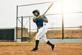 Baseball man, stadium game or hit ball with bat on a sport field in a game. Sports player with practice, strike and Royalty Free Stock Photo