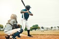 Baseball man, team training game and baseball player baseball bat to hit softball ball on pitch. Professional USA